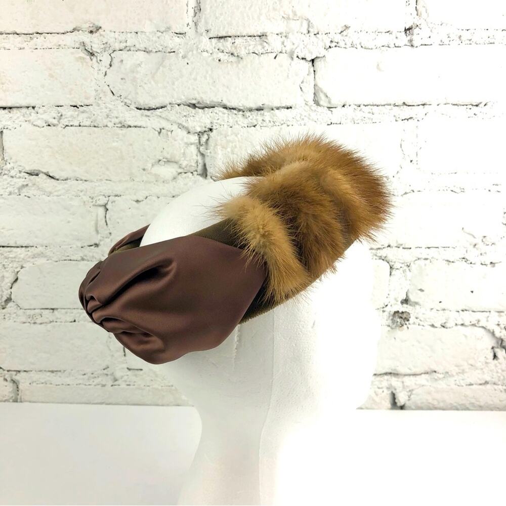 Vintage M. Berne Mink Fur Ribbed Satin Bow Headband Hat - Picture 2 of 7